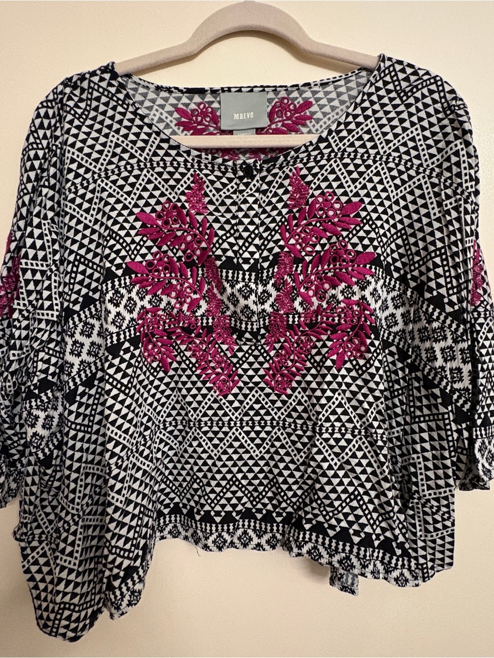 Maeve Black & White Geometric Tunic with Magenta Floral Embroidery